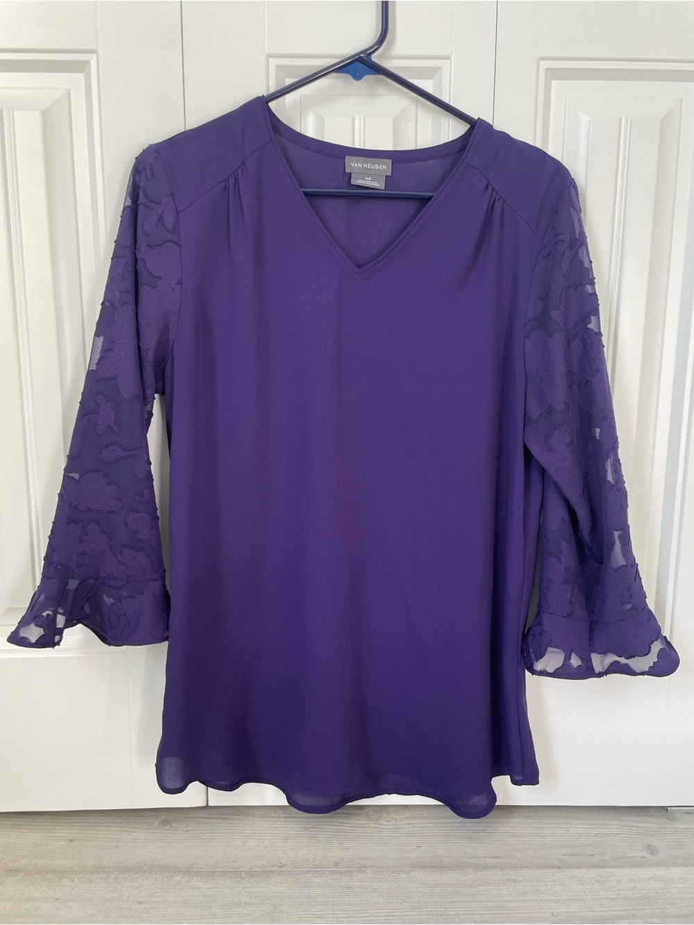 Van Heusen Deep Purple V-Neck Blouse with Lace Bell Sleeves